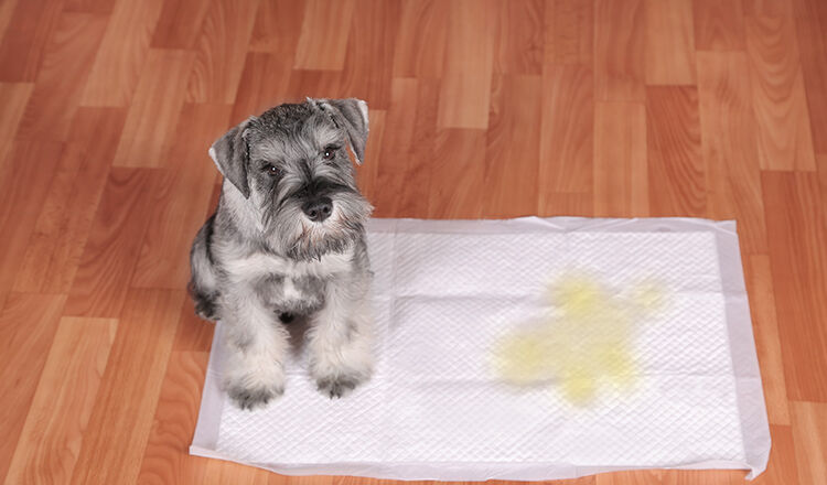 8329596 schnauzer puppy and urine puddle in dog diaper.